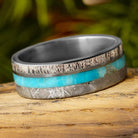 Wedding Band With Meteorite Turquoise and Antler