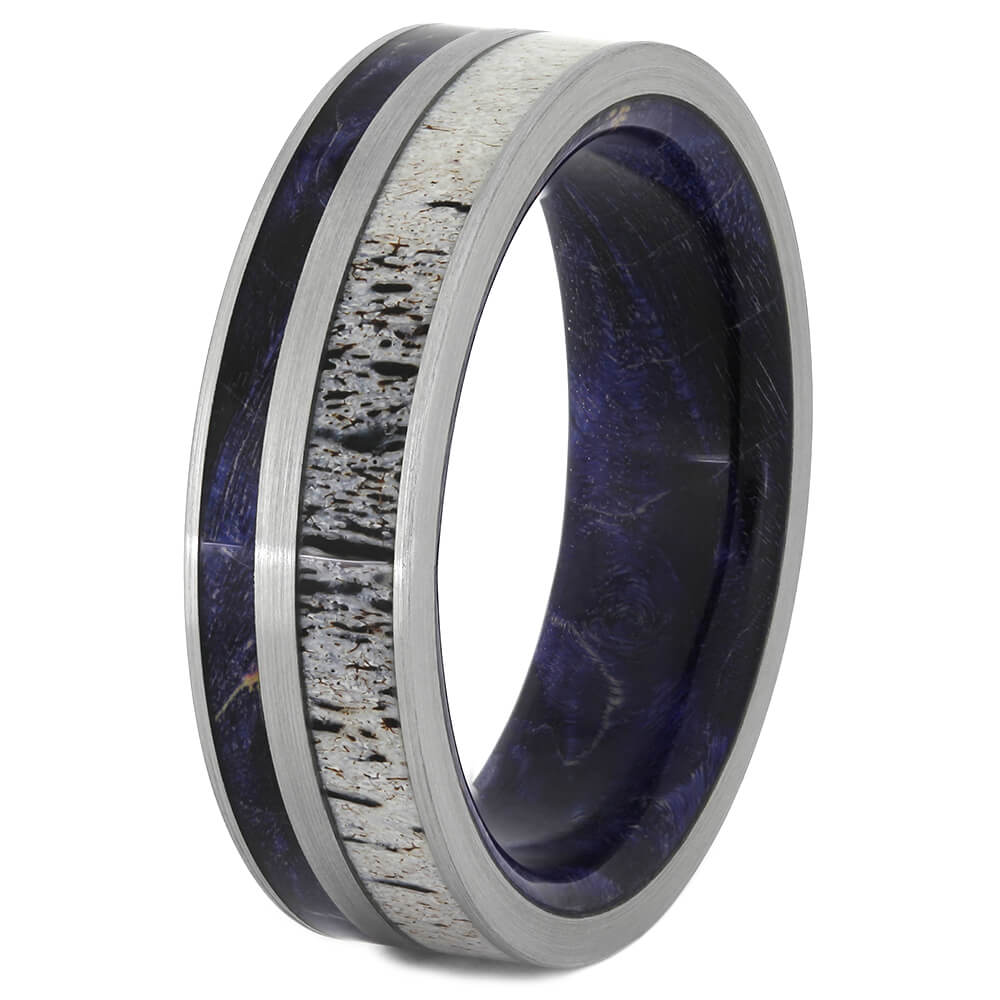 Antler Wedding Band with Blue Box Elder Burl Wood-2619 - Jewelry by Johan