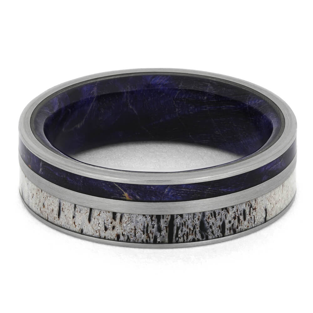 Antler Wedding Band with Blue Box Elder Burl Wood-2619 - Jewelry by Johan