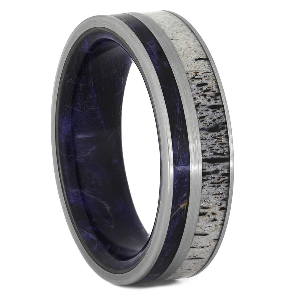 Antler Wedding Band with Blue Box Elder Burl Wood-2619 - Jewelry by Johan