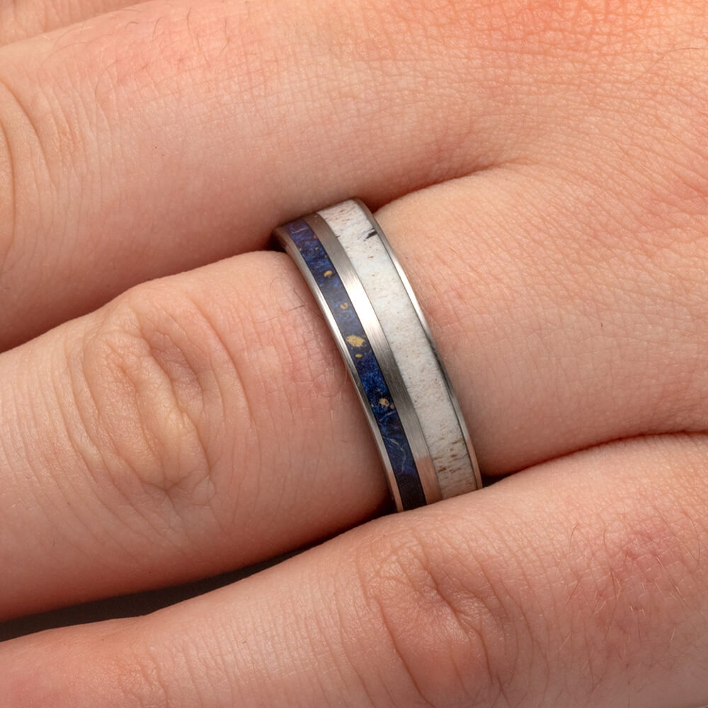 Antler Wedding Band with Blue Box Elder Burl Wood-2619 - Jewelry by Johan
