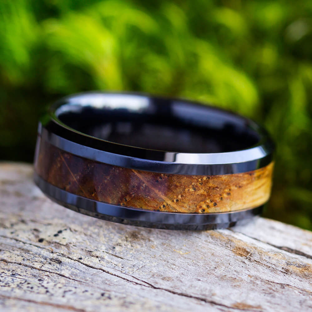 Black Men's Wedding Band with Whiskey Barrel Oak