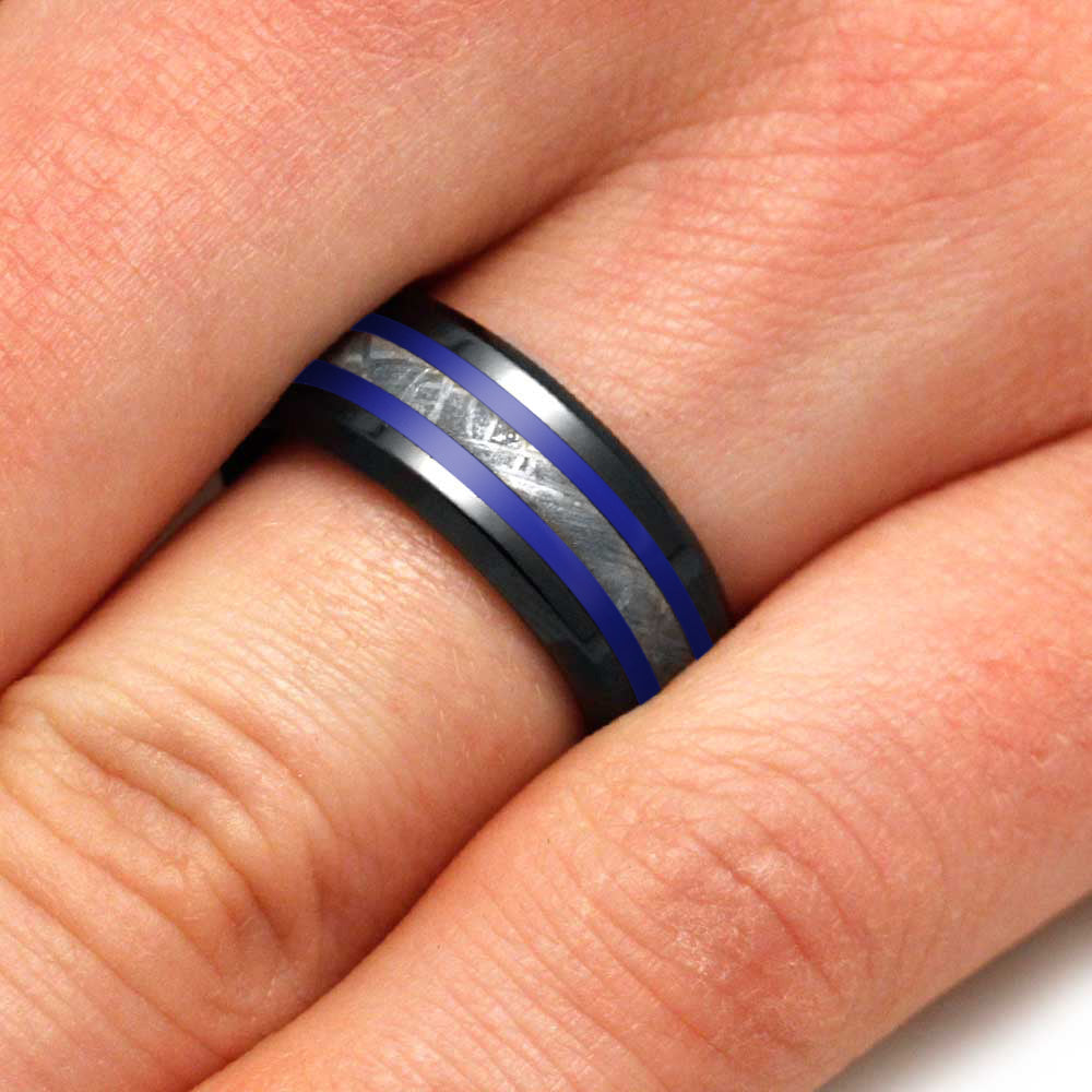 Men's Meteorite Ring With Blue Pinstripes-2630BL - Jewelry by Johan