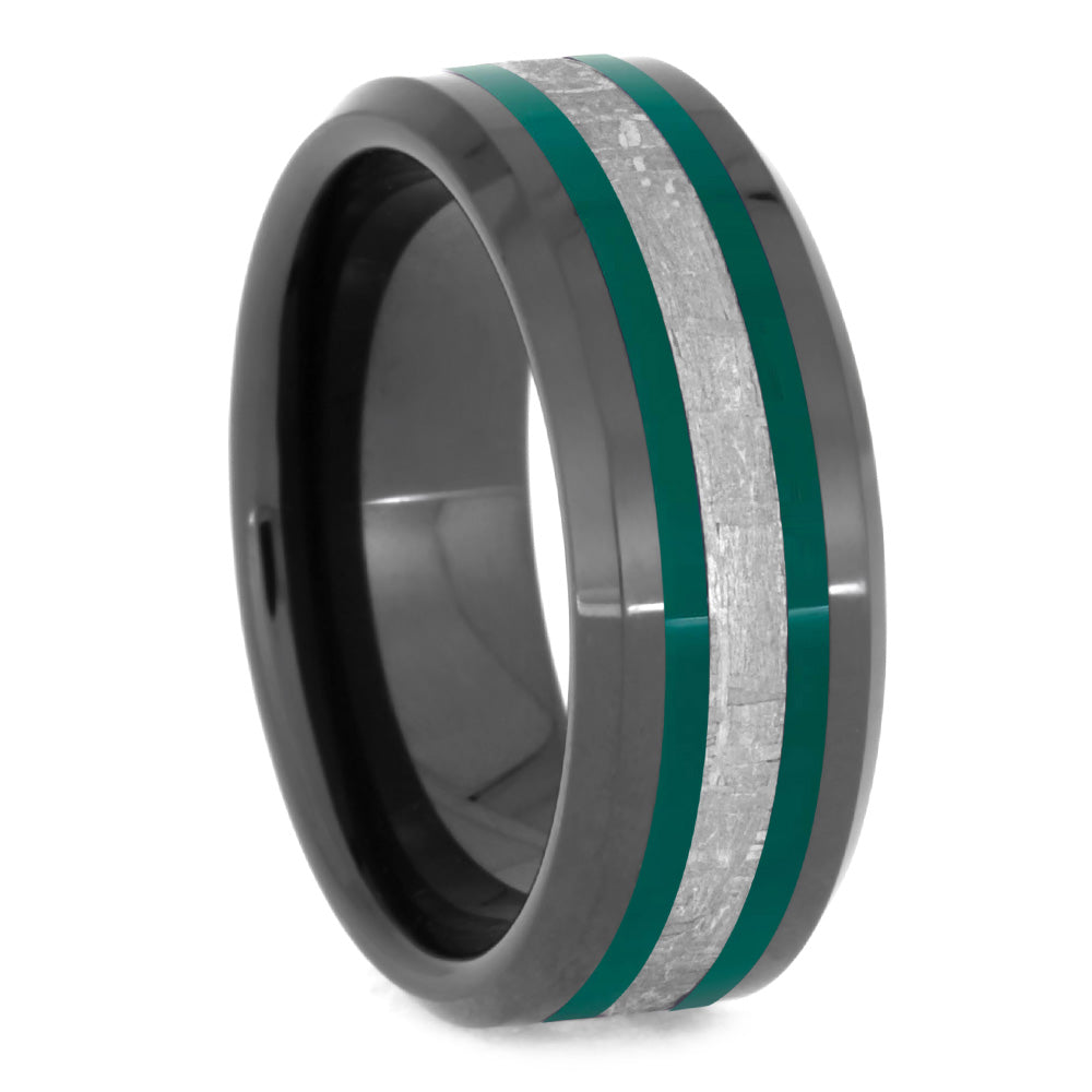 Black Ring With Green Enamel Pinstripes and Meteorite-2630GR - Jewelry by Johan