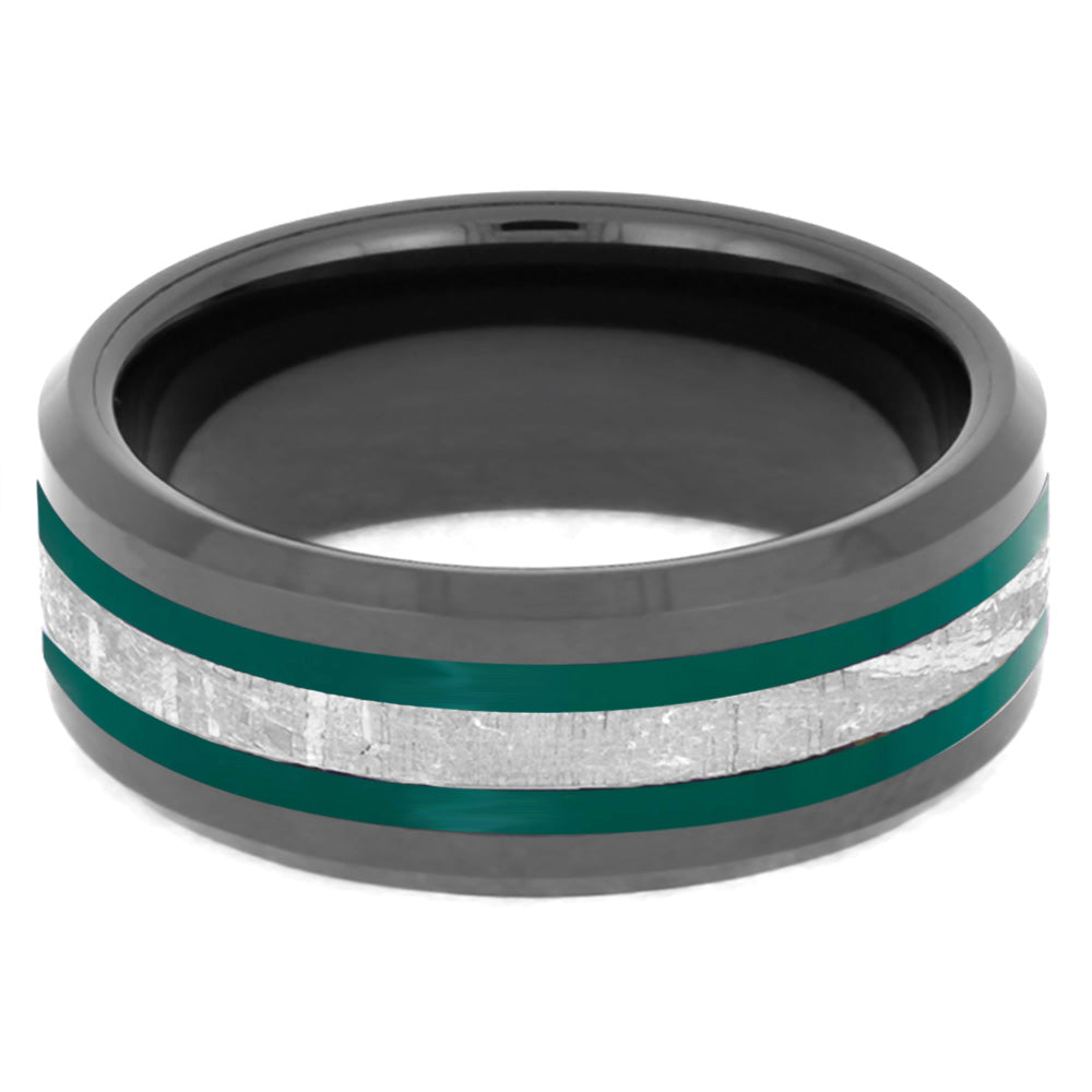 Black Ring With Green Enamel Pinstripes and Meteorite-2630GR - Jewelry by Johan