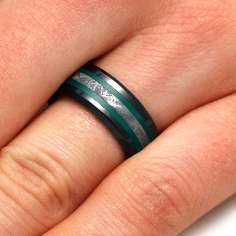 Black Ring With Green Enamel Pinstripes and Meteorite-2630GR - Jewelry by Johan