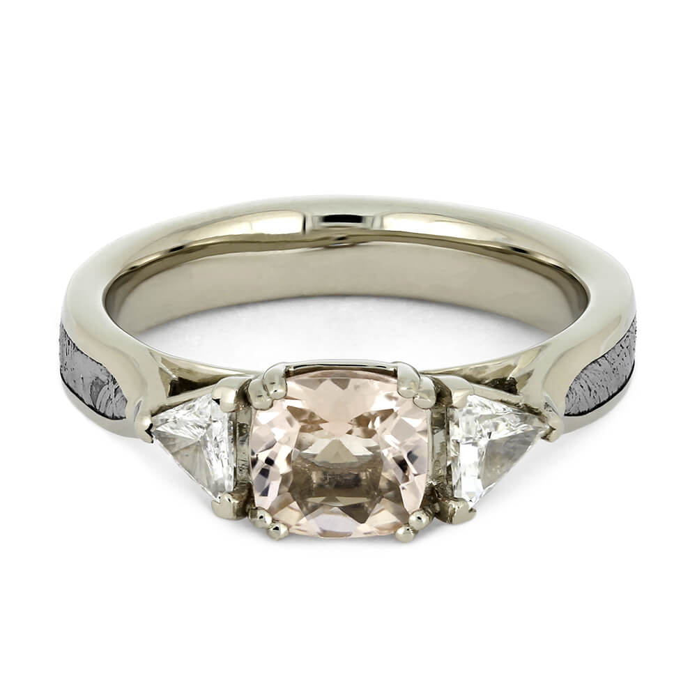 Morganite Engagement Ring With Trillion Cut Diamonds, Meteorite Ring-2633 - Jewelry by Johan