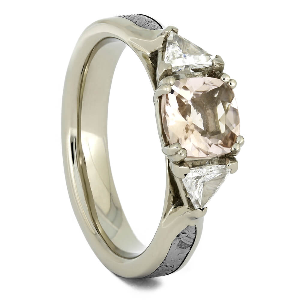 Morganite Engagement Ring With Trillion Cut Diamonds, Meteorite Ring-2633 - Jewelry by Johan