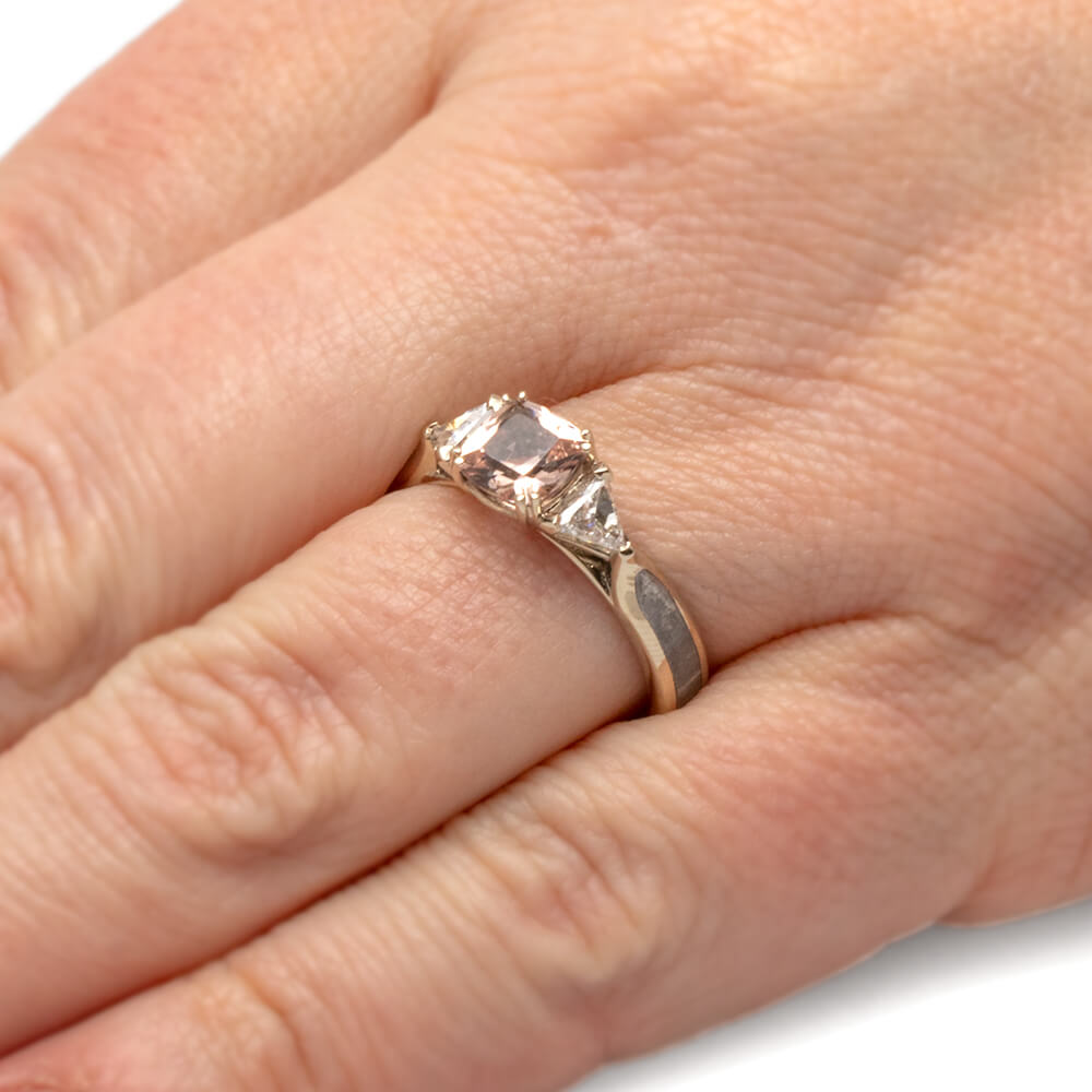 Morganite Engagement Ring With Trillion Cut Diamonds, Meteorite Ring-2633 - Jewelry by Johan