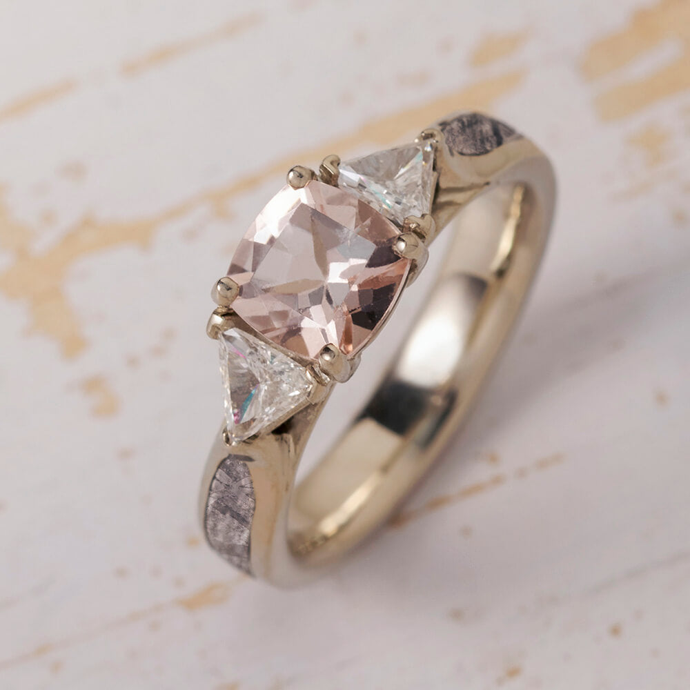 Antique Square Cut Morganite Engagement Ring With Meteorite Ring - Jewelry by Johan