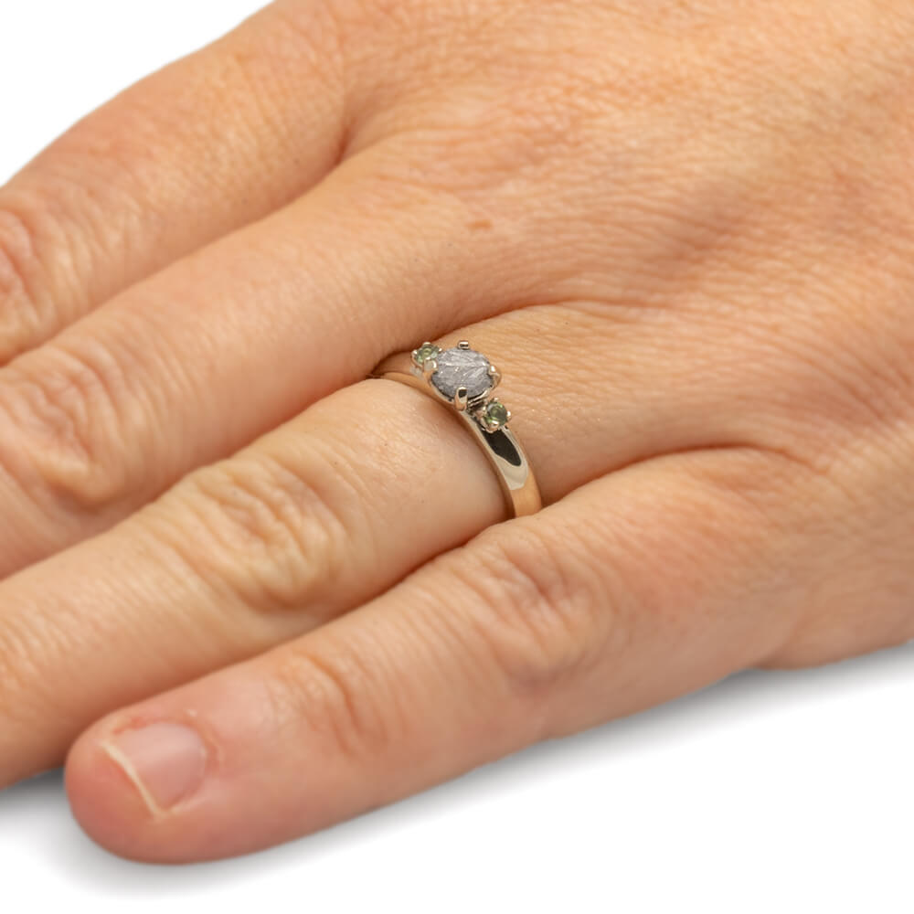 Meteorite Stone Engagement Ring With Moldavite Accents, White Gold Ring-2635 - Jewelry by Johan