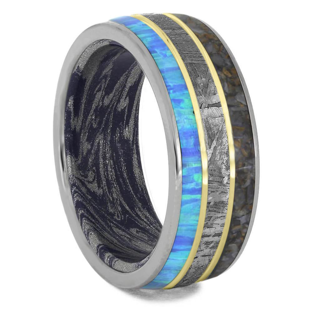 Meteorite & Fossil Ring With Mokume Sleeve And Gold Pinstripes - Jewelry by Johan