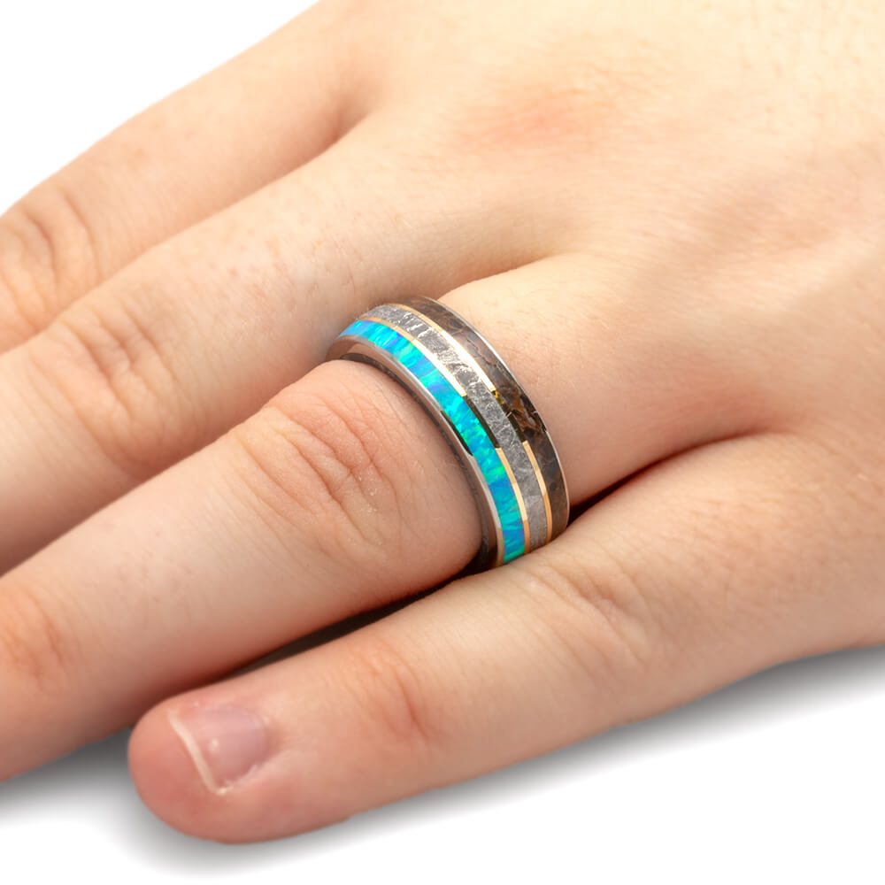 Meteorite And Fossil Ring With Mokume Sleeve And Yellow Gold Pinstripes-2637 - Jewelry by Johan
