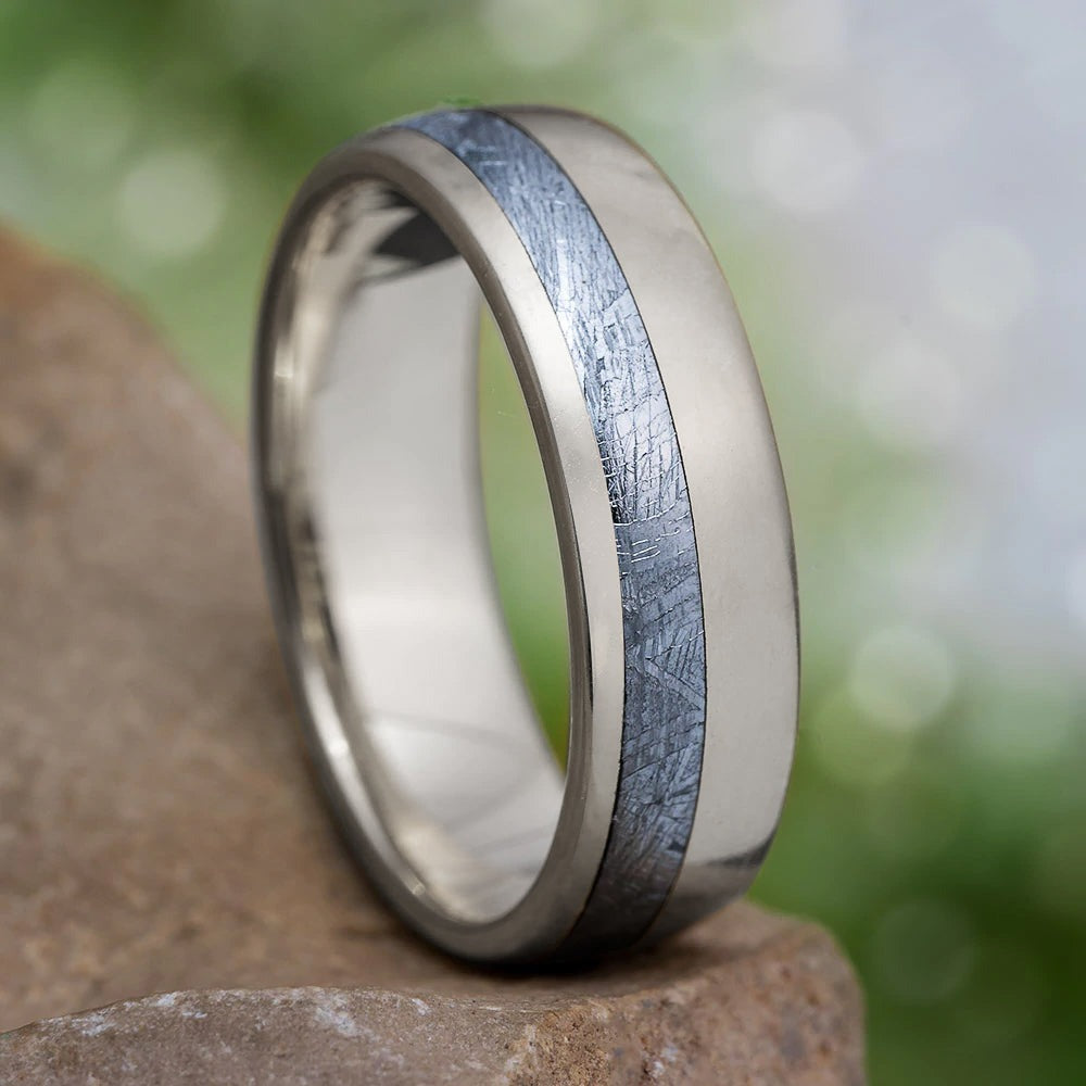 White Gold Men's Wedding Band with Meteorite