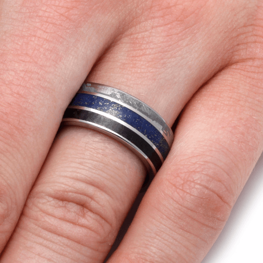 Meteorite Ring With Dinosaur Bone And Lapis Lazuli In Titanium-2172 - Jewelry by Johan