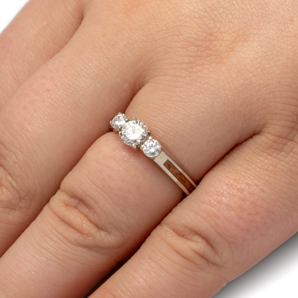 Three Stone Ring With Koa Wood, White Gold Engagement Ring With Moissanites-2656 - Jewelry by Johan