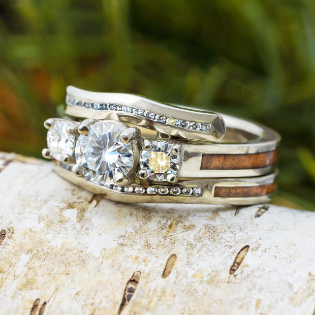 Wood Wedding Band Set with Wood Engagement and Matching Band
