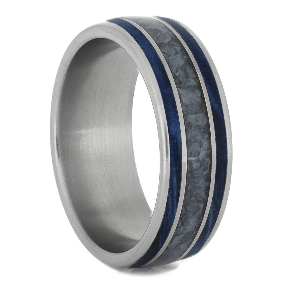 Blue Wood Men's Wedding Band With Crushed Dinosaur Bone - Jewelry by Johan