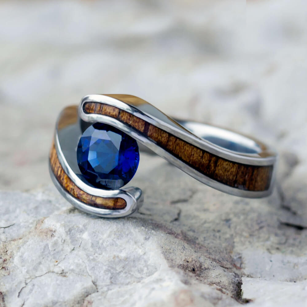 Koa Wood Engagement Ring, Colored Stone in Tension Setting - Jewelry by Johan