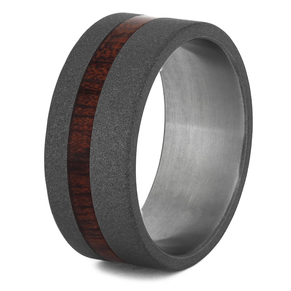 Sandblasted Titanium Wedding Band With A Thin Bloodwood Pinstripe-2688 - Jewelry by Johan