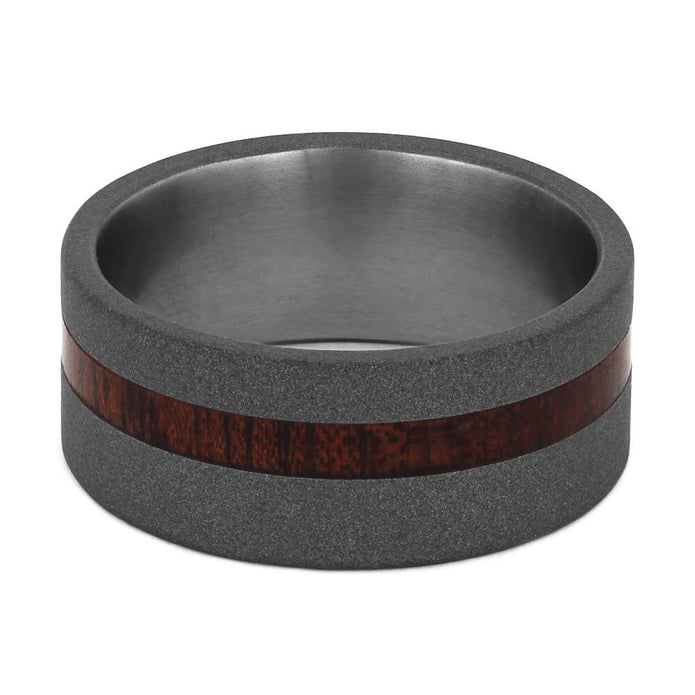 Sandblasted Titanium Wedding Band With A Thin Bloodwood Pinstripe-2688 - Jewelry by Johan