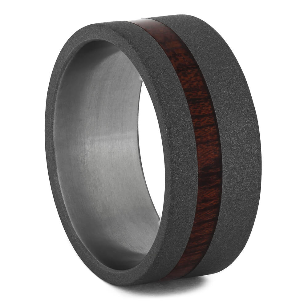 Sandblasted Titanium Wedding Band With A Thin Bloodwood Pinstripe-2688 - Jewelry by Johan