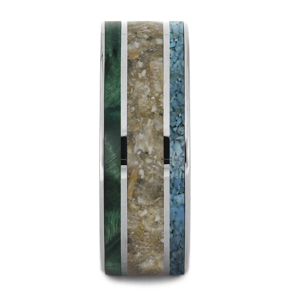 Triple Inlay Memorial Ring With Ashes, Turquoise & Green Wood - Jewelry by Johan