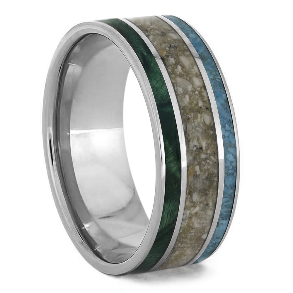 Triple Inlay Memorial Ring With Ashes, Turquoise & Green Wood - Jewelry by Johan