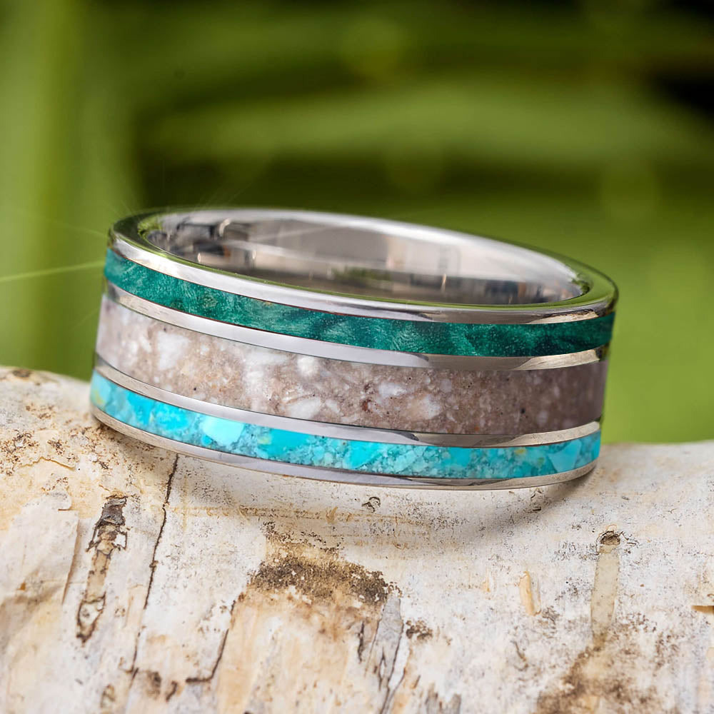 Triple Inlay Ring With Ashes, Turquoise and Green Wood