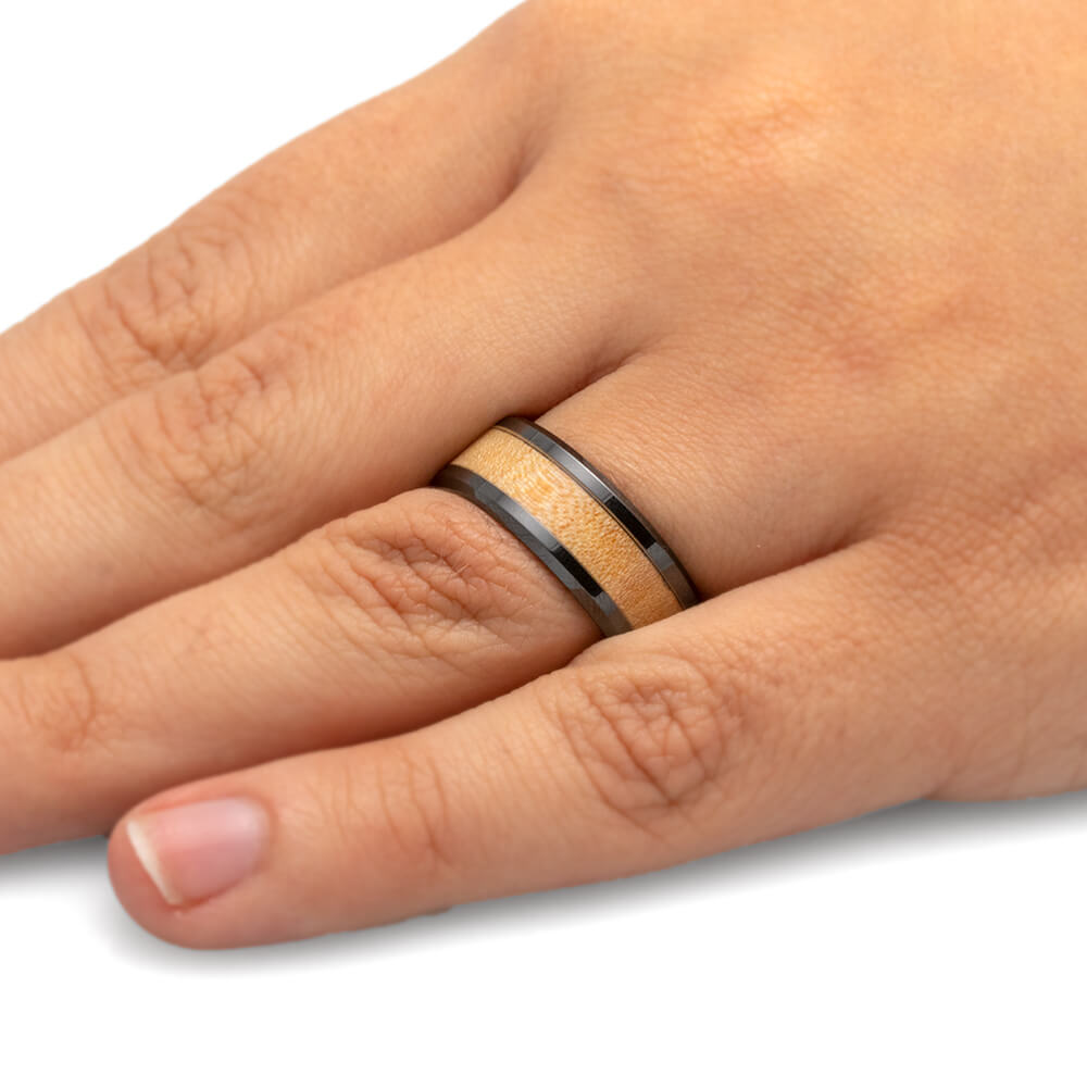 Maple Wood Ring, Black Ceramic Wedding Band For Men-2697 - Jewelry by Johan