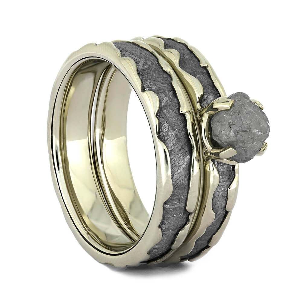 Matching Wavy White Gold Bridal Set with Rough Diamond and Meteorite