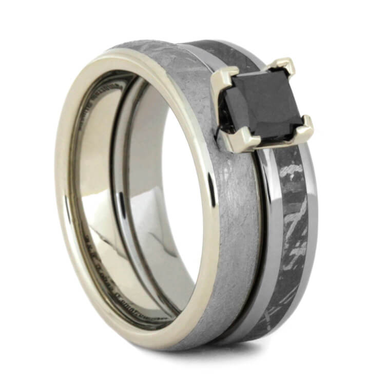 Black Diamond Engagement Ring Set, Meteorite Bridal Set-3574 - Jewelry by Johan