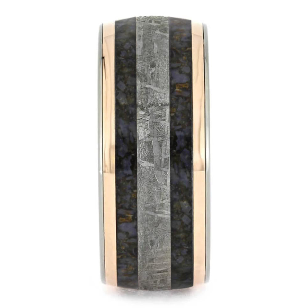 Meteorite Men's Wedding Band With Whiskey Oak Sleeve & Gold Pinstripes - Jewelry by Johan