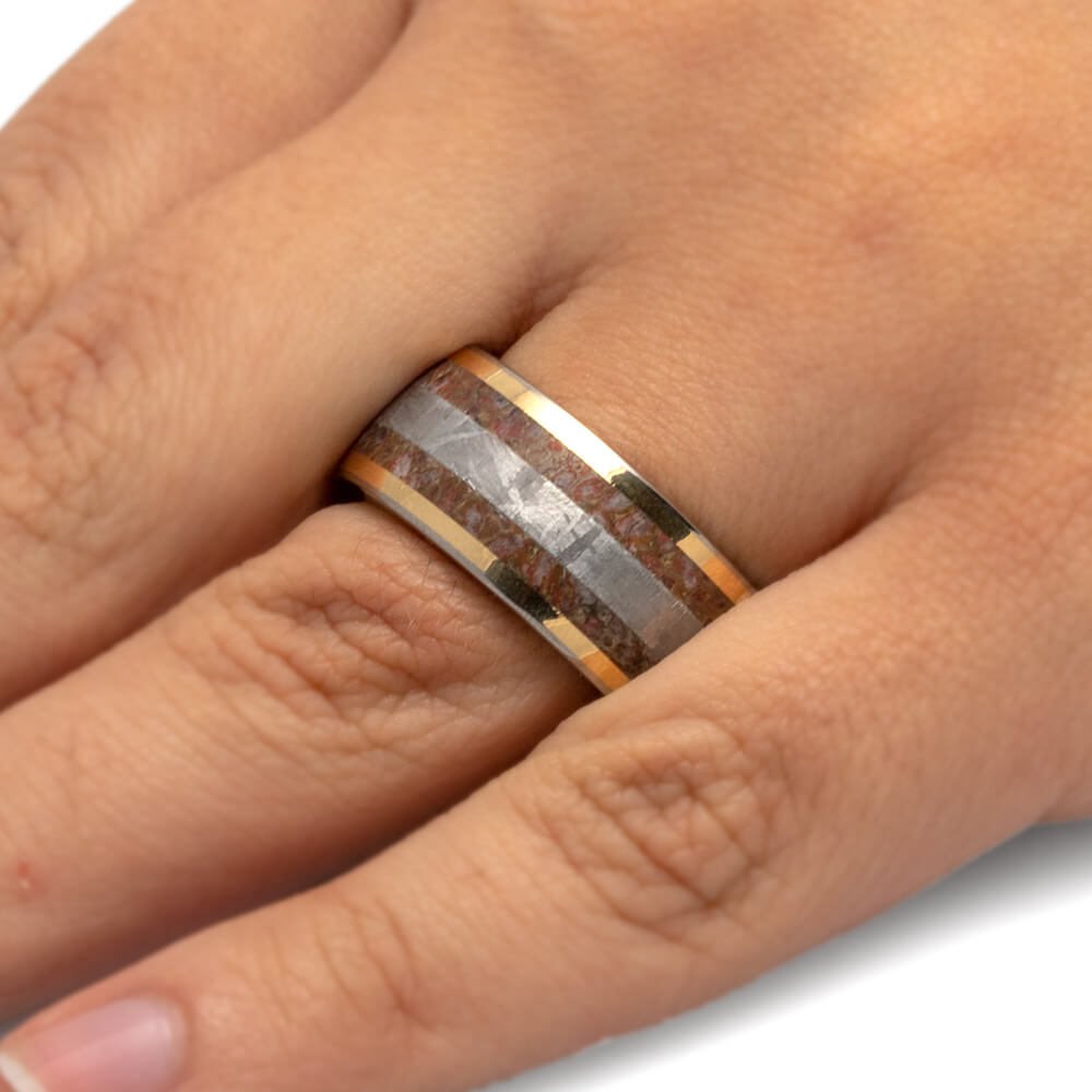 Rose Gold Fossil Ring, Meteorite Men's Wedding Band With Whiskey Oak Sleeve-2701 - Jewelry by Johan