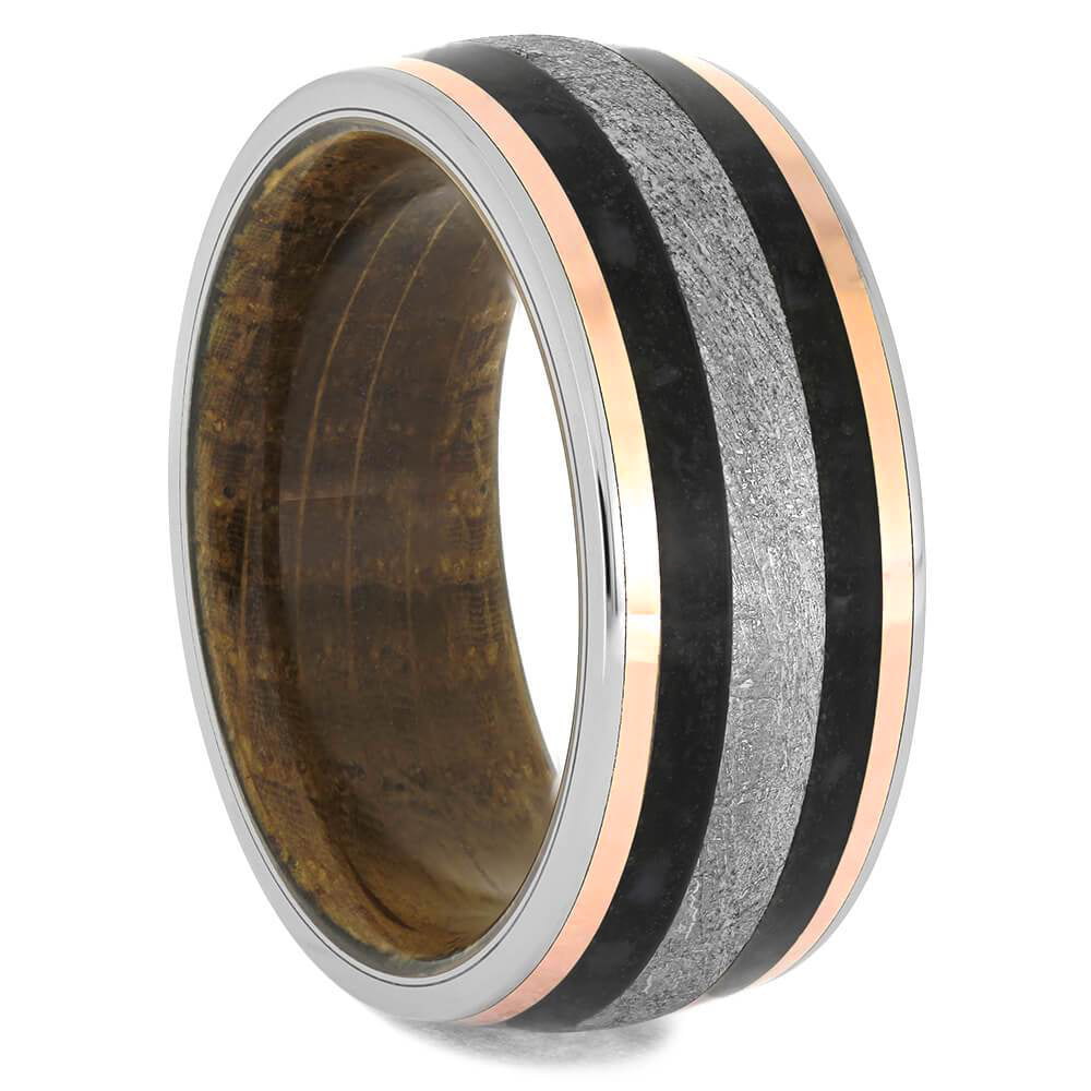 Meteorite Men's Wedding Band With Whiskey Oak Sleeve & Gold Pinstripes - Jewelry by Johan