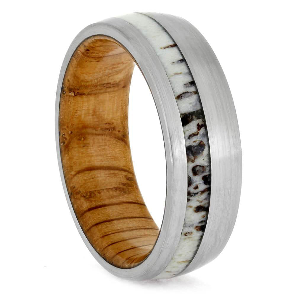 Brushed Titanium Wedding Band With Oak Wood Sleeve And Antler-2702 - Jewelry by Johan