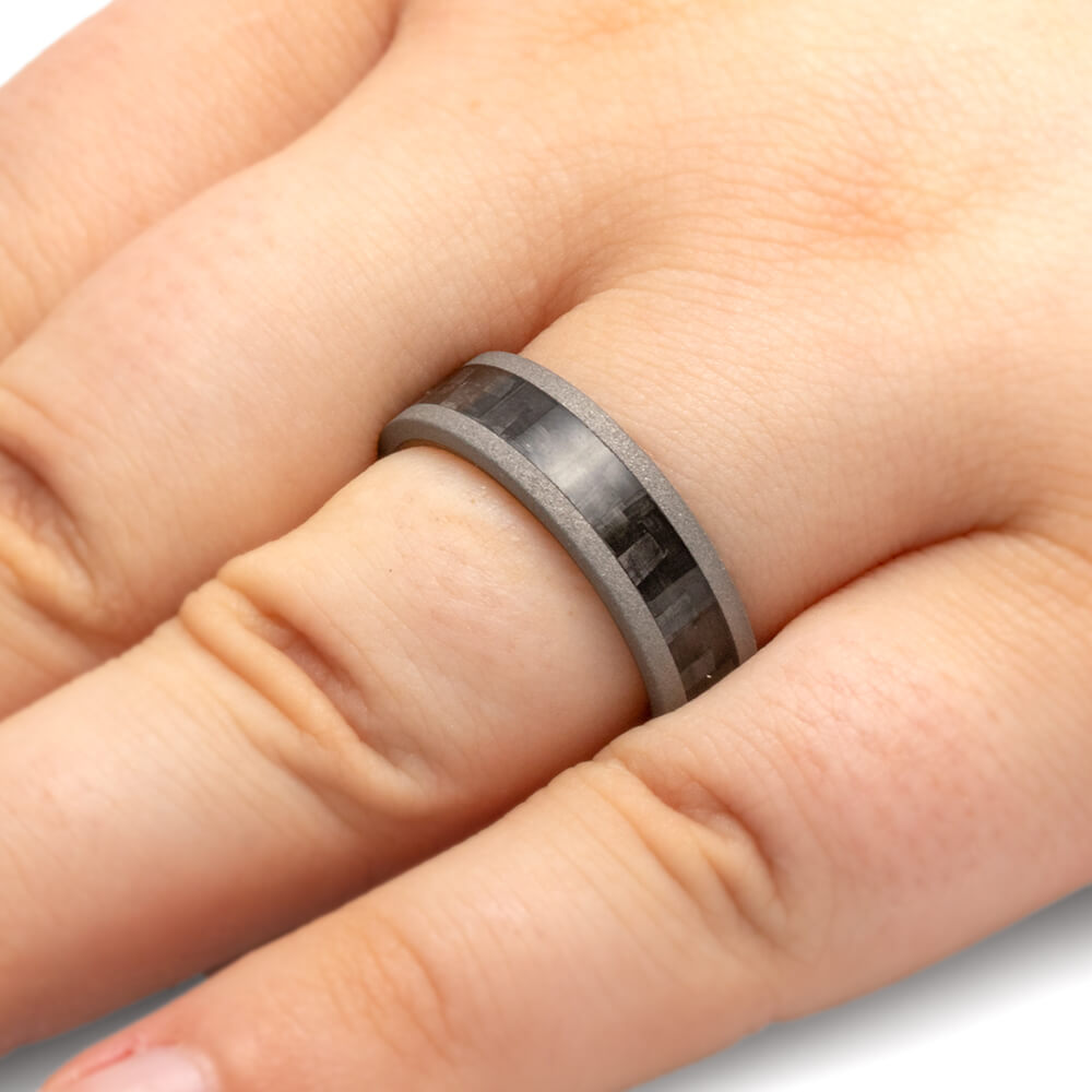 Carbon Fiber Wedding Band, Whiskey Oak Sleeve Ring With Sandblasted Titanium-2707 - Jewelry by Johan