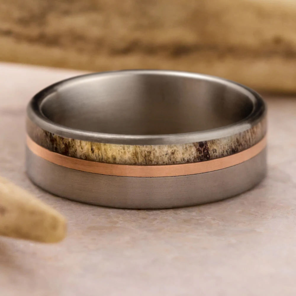 Brushed Titanium Ring with Antler
