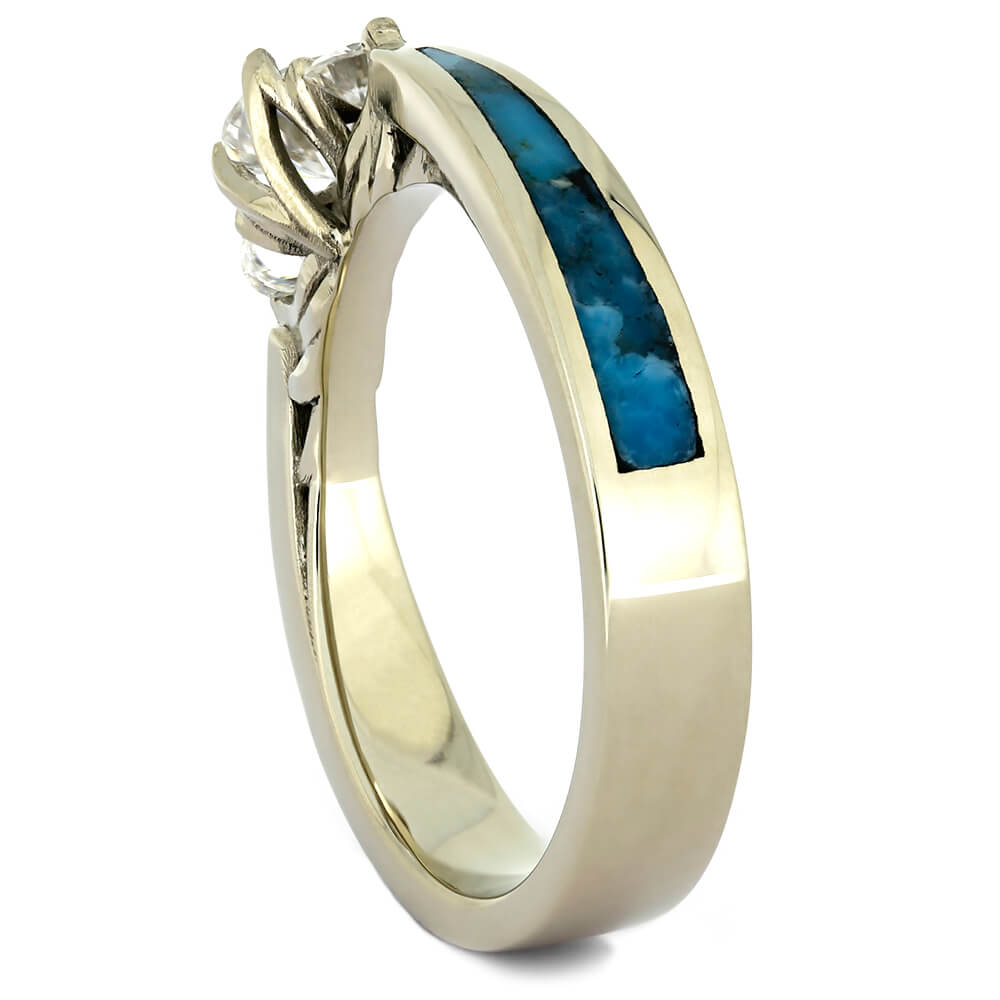 Three Stone Moissanite Ring with Genuine Turquoise in White Gold-2728 - Jewelry by Johan
