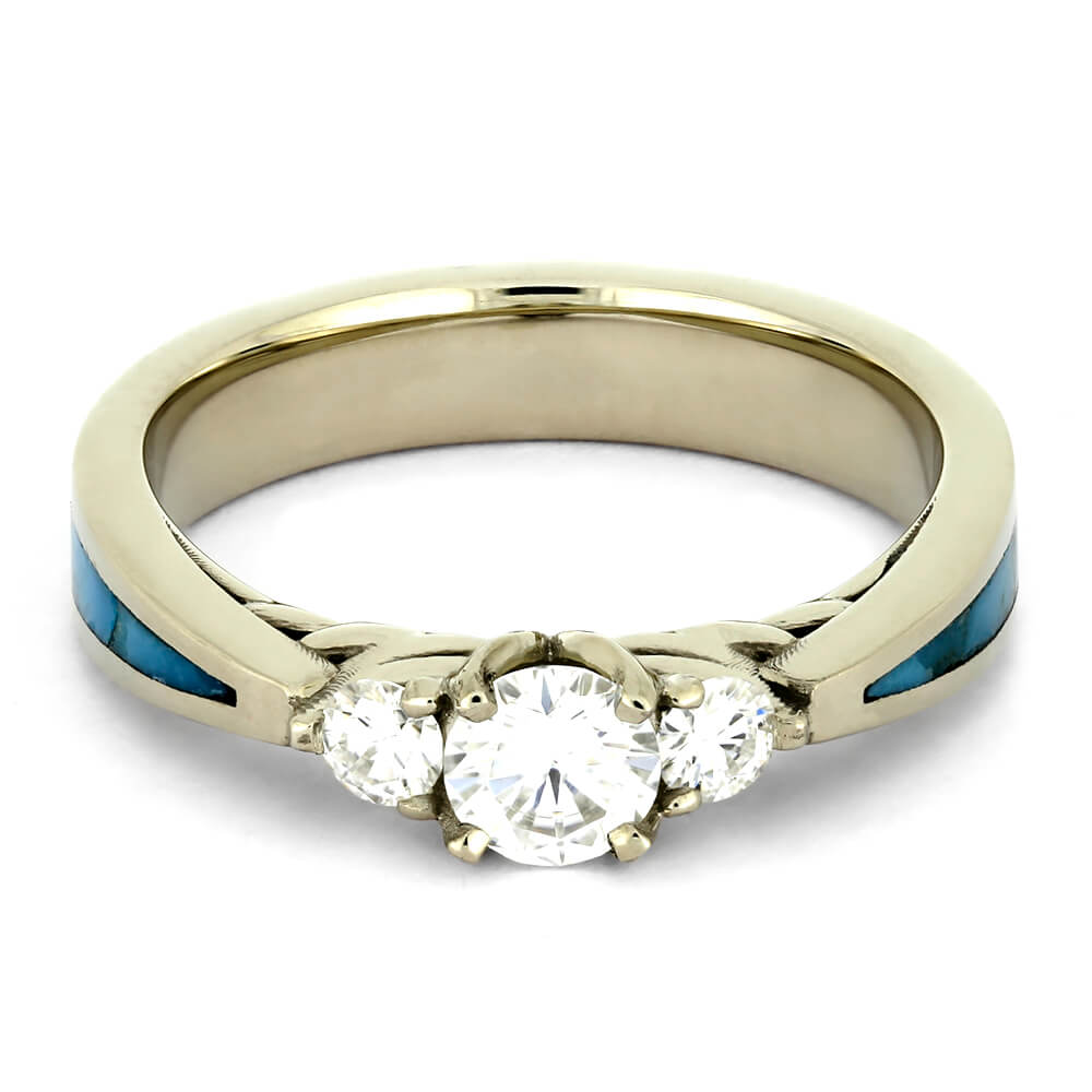 Three Stone Moissanite Ring with Genuine Turquoise in White Gold-2728 - Jewelry by Johan