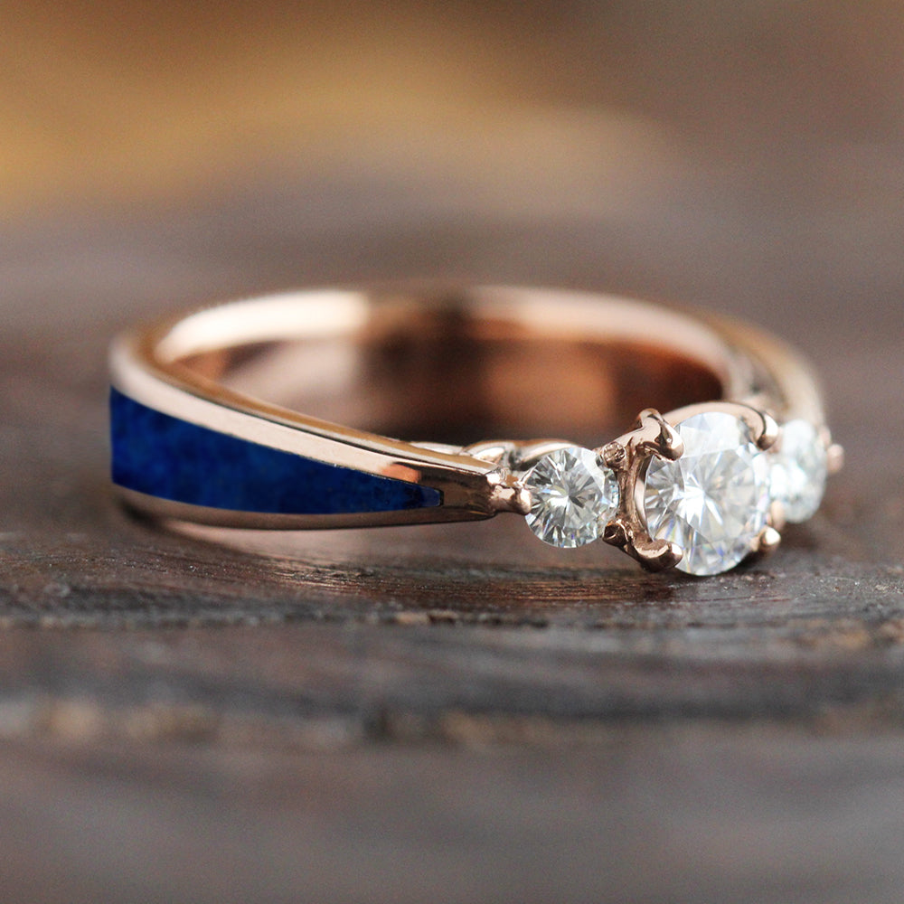 Lapis Lazuli & Moissanite Three Stone Engagement Ring - Unknown / 14k Rose  Gold