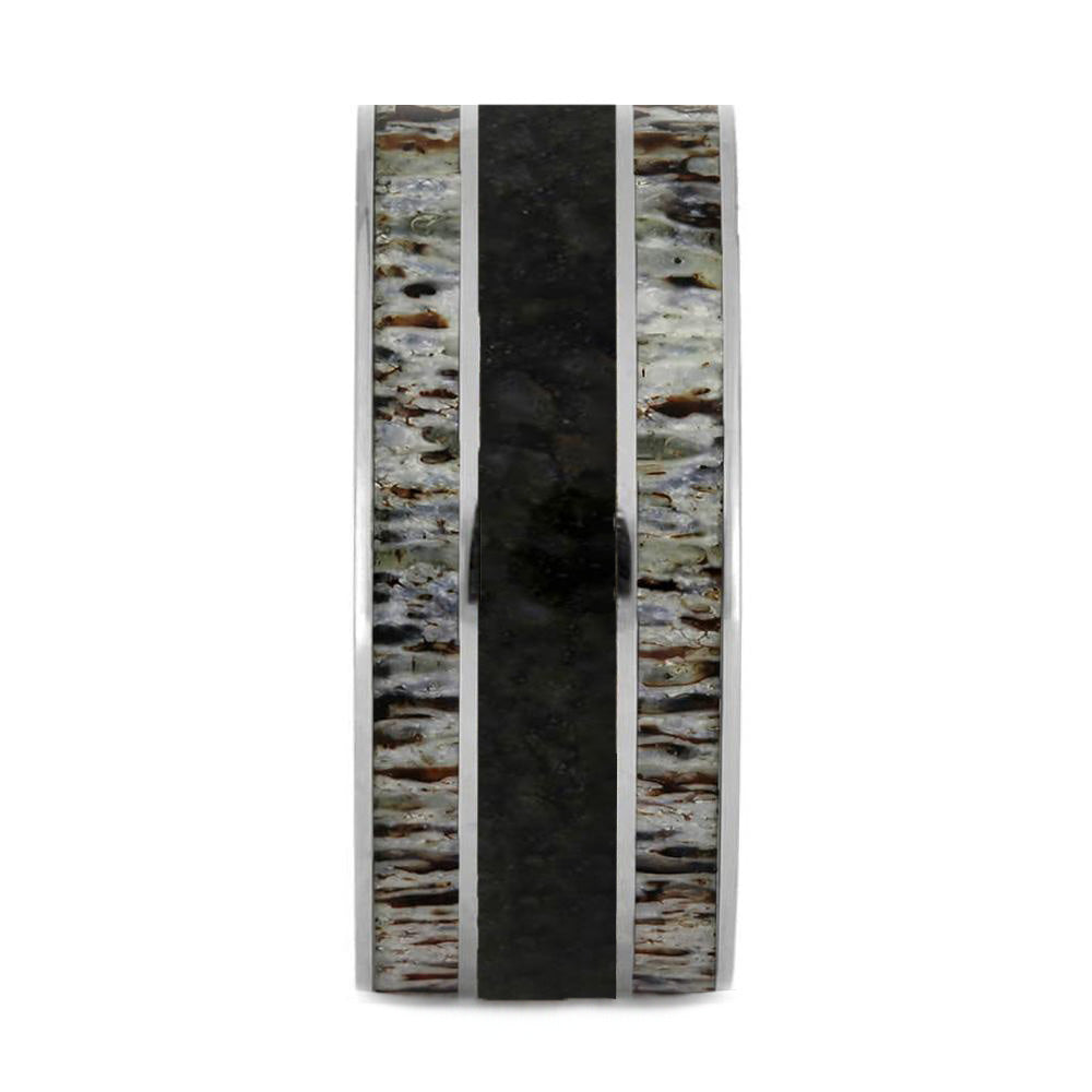 Thick Wedding Band With Dinosaur Bone And Deer Antler-2734 - Jewelry by Johan