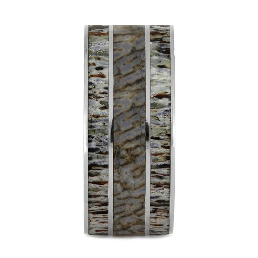 Thick Wedding Band With Dinosaur Bone And Deer Antler-2734 - Jewelry by Johan