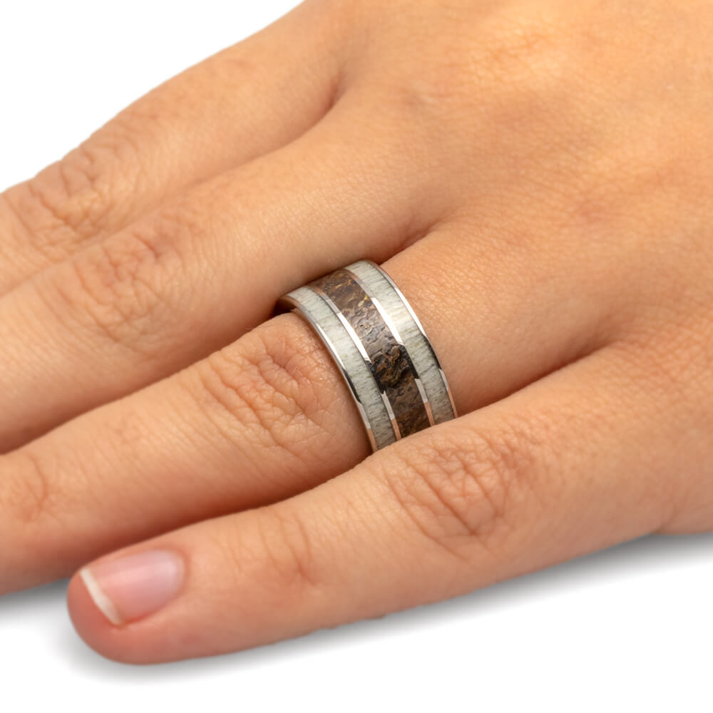 Thick Wedding Band With Dinosaur Bone And Deer Antler-2734 - Jewelry by Johan