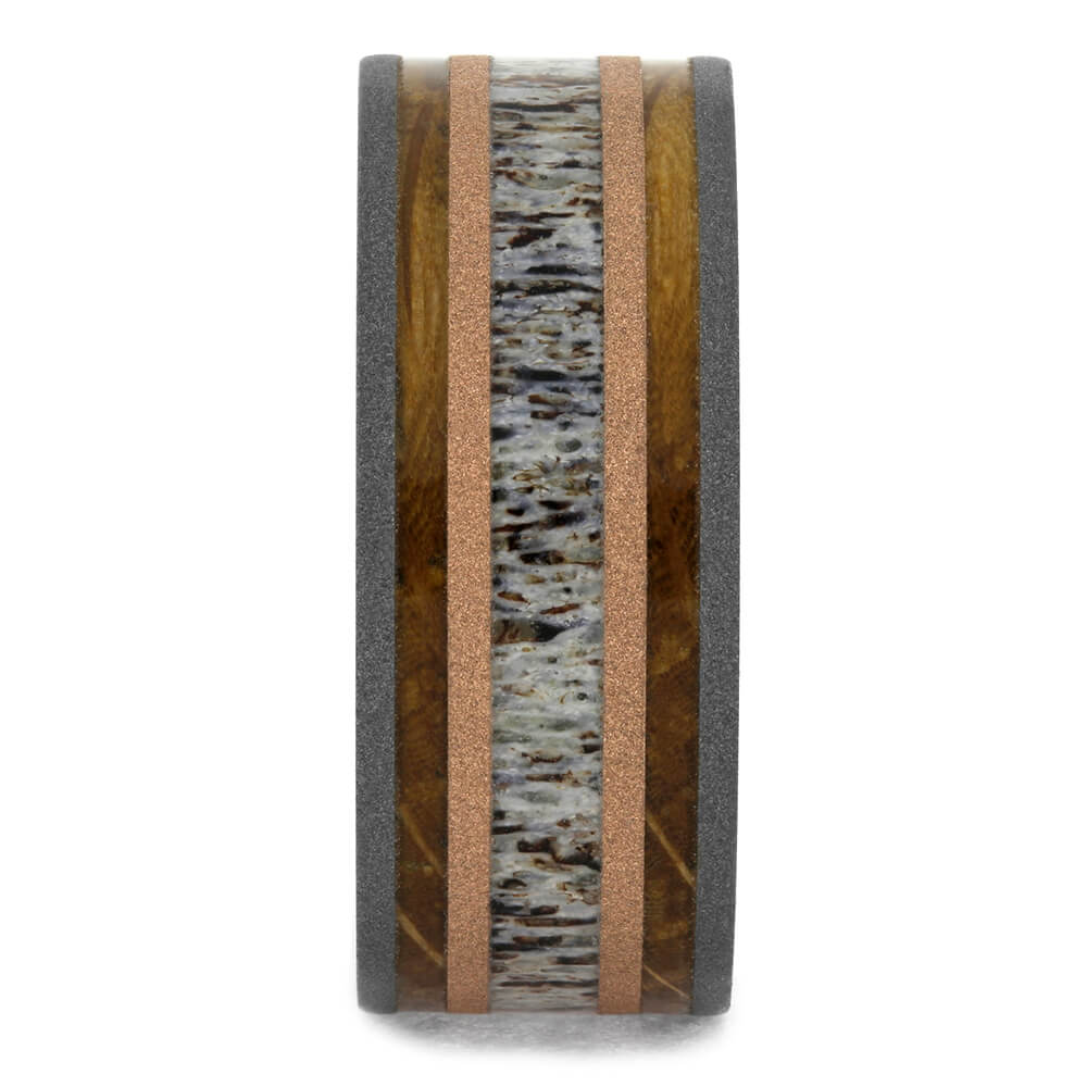 Deer Antler Wedding Band with Whiskey Barrel Oak Wood-2735 - Jewelry by Johan