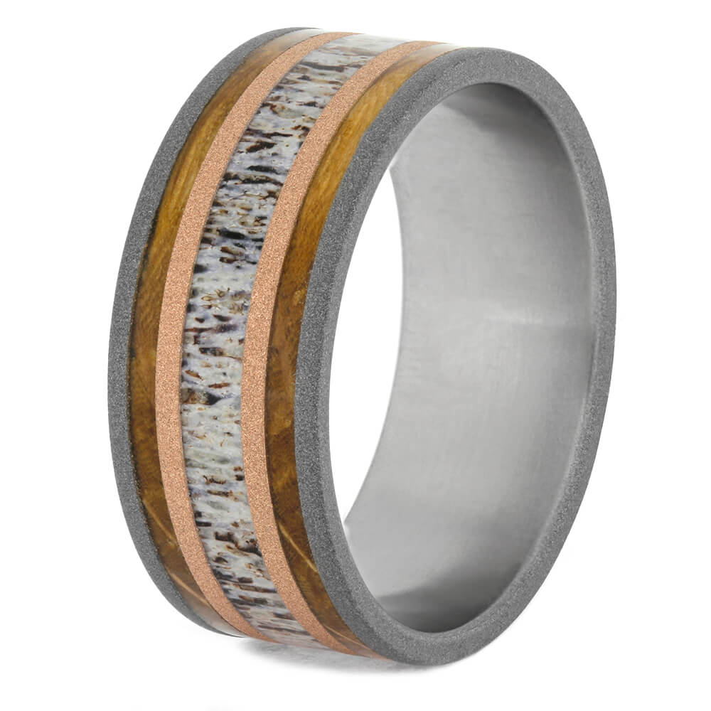 Deer Antler Wedding Band with Whiskey Barrel Oak Wood-2735 - Jewelry by Johan