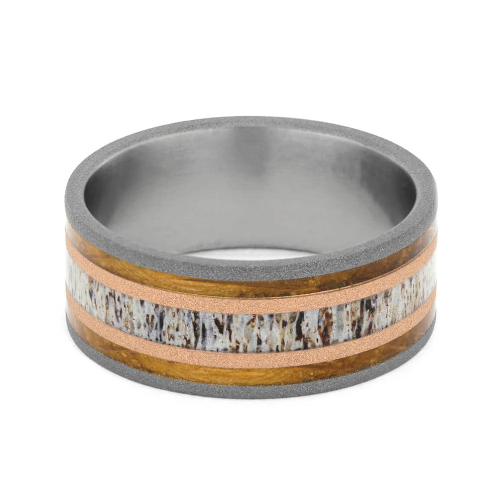 Deer Antler Wedding Band with Whiskey Barrel Oak Wood-2735 - Jewelry by Johan