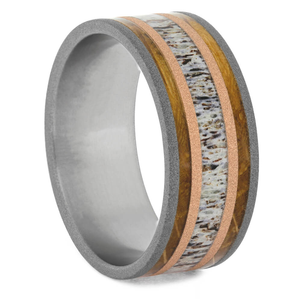 Deer Antler Wedding Band with Whiskey Barrel Oak Wood-2735 - Jewelry by Johan