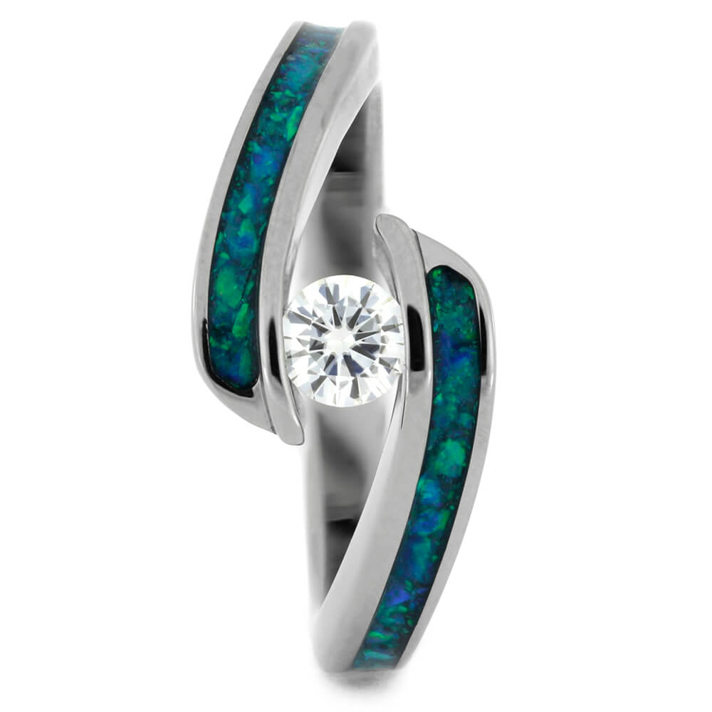 Tension Set Moissanite and Opal Engagement Ring with Titanium Twist Shank-2755 - Jewelry by Johan
