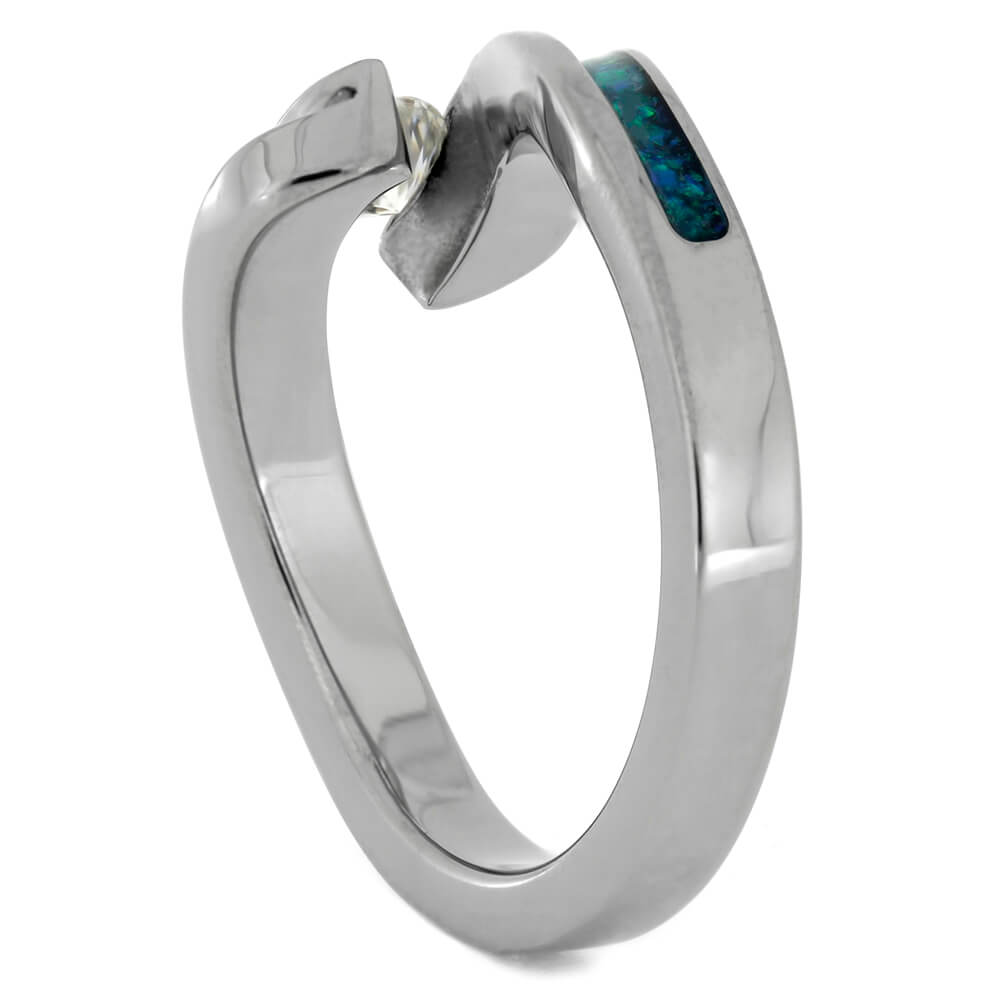 Tension Set Moissanite and Opal Engagement Ring with Titanium Twist Shank-2755 - Jewelry by Johan